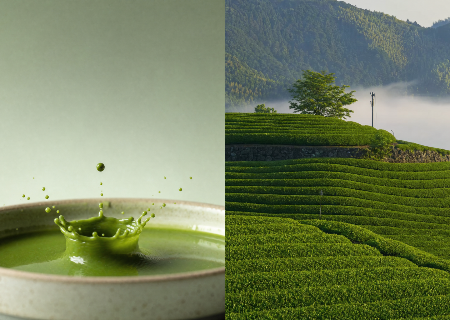 Whisked jade matcha in a ceramic bowl beside the misty Uji tea terraces of Kyoto