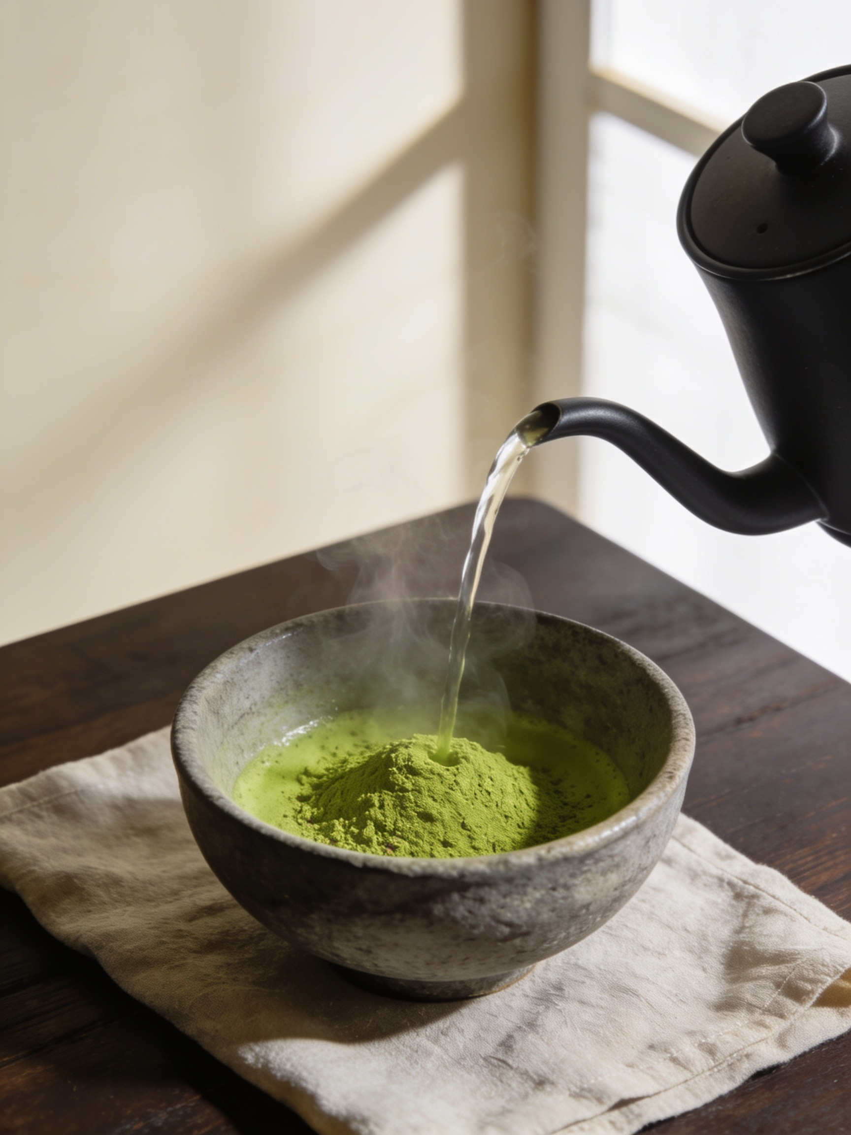 Kettle pouring 80 degree water over matcha in a stone bowl